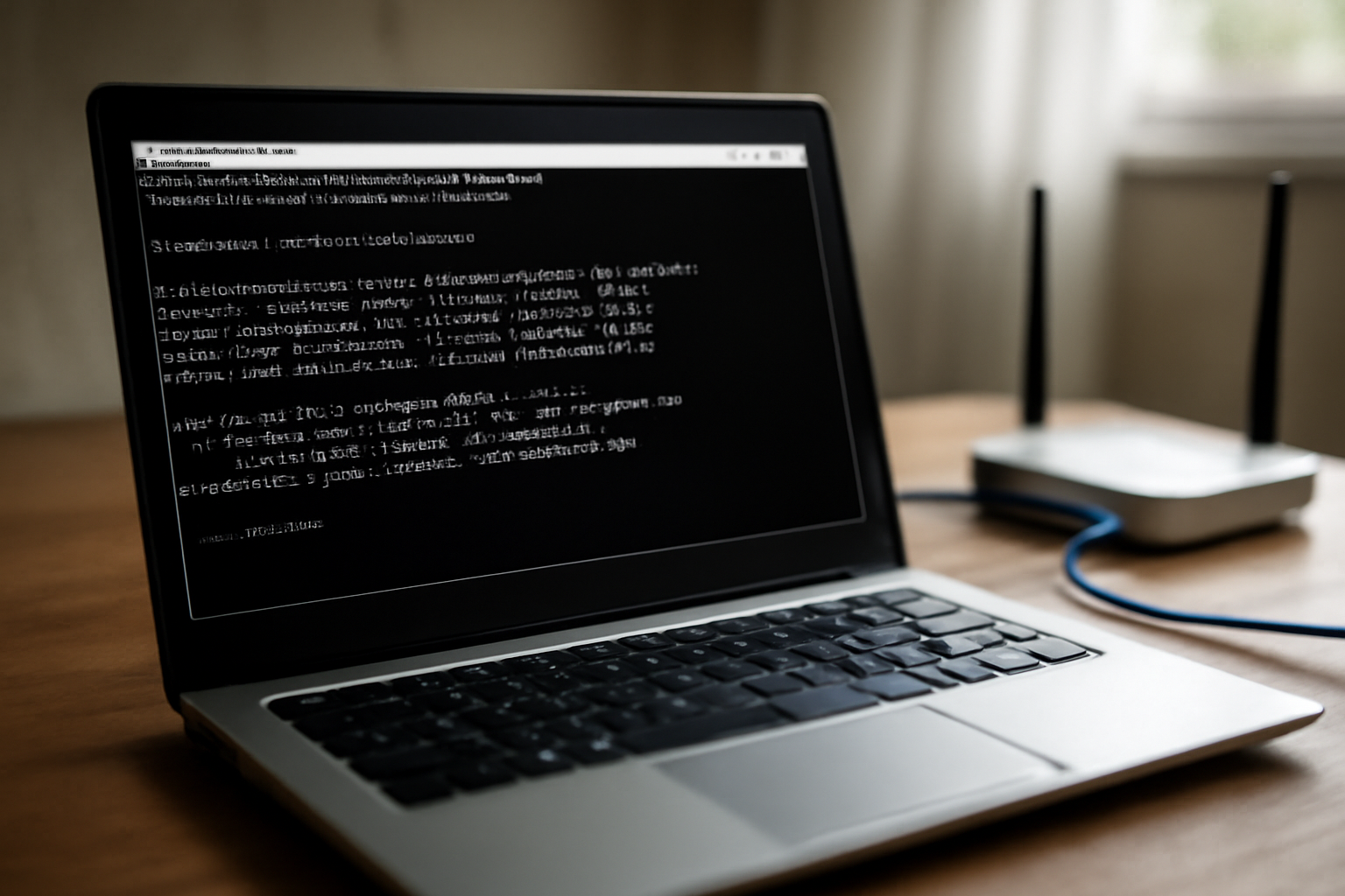 Laptop menampilkan jendela Command Prompt untuk mengecek ping jaringan
