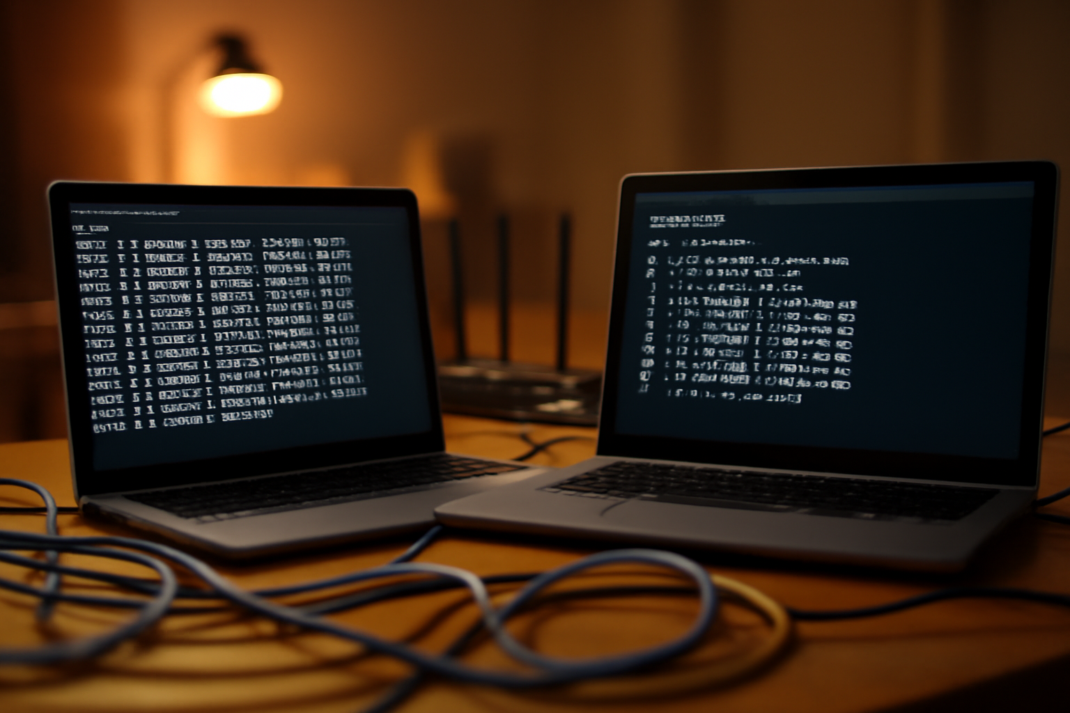 Dua laptop menampilkan hasil ping dan traceroute di meja kerja untuk diagnosis jaringan