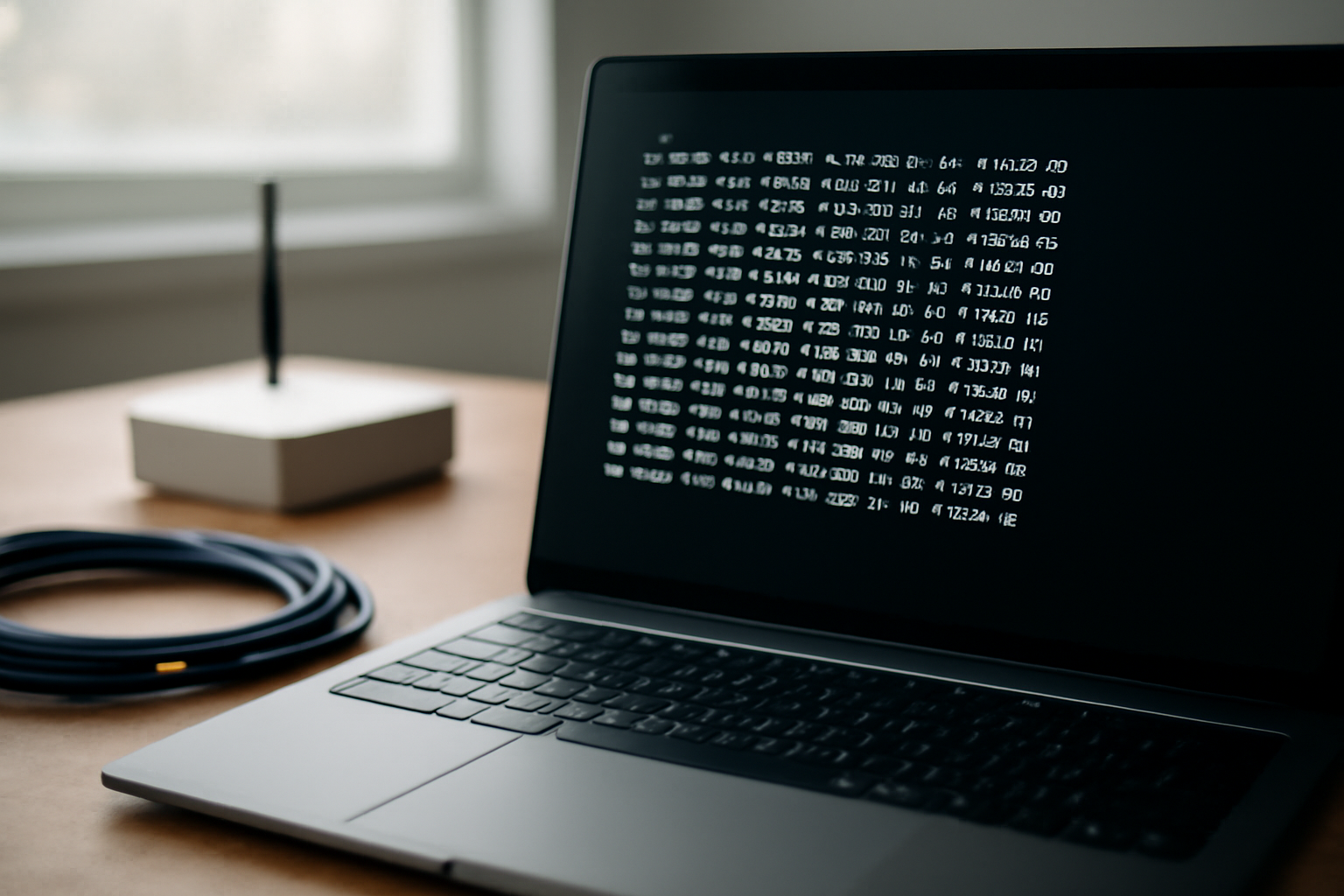 Laptop menampilkan hasil ping di terminal dengan kabel jaringan dan router di meja kerja