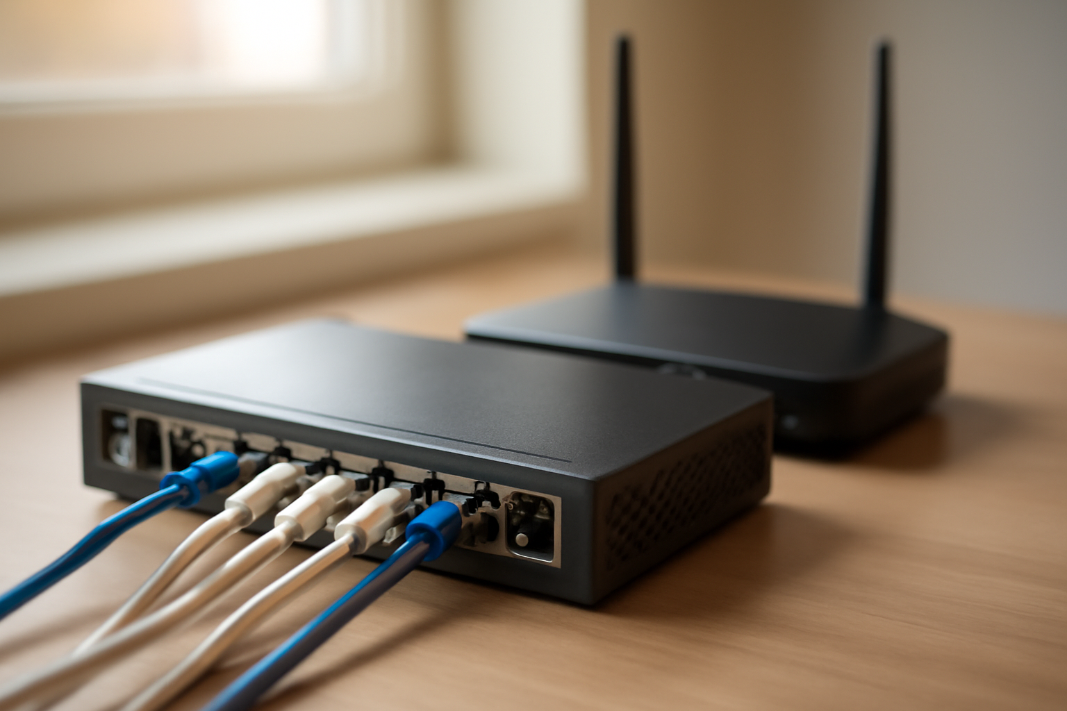 Perangkat router dan switch jaringan dengan kabel Ethernet terpasang