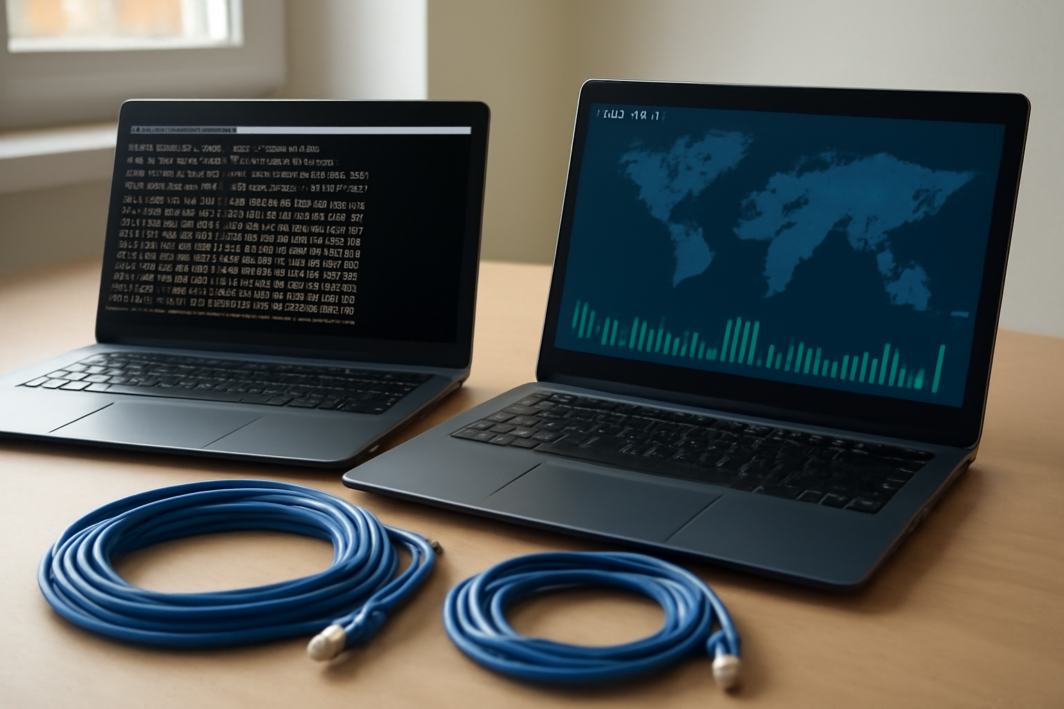 Meja kerja dengan dua laptop menampilkan hasil ping dan peta latensi jaringan